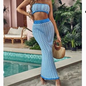 Blue and White wave crochet skirt set